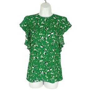 Lauren Ralph Lauren Green Floral Top Blouse S Ruffle Split Short Sleeve